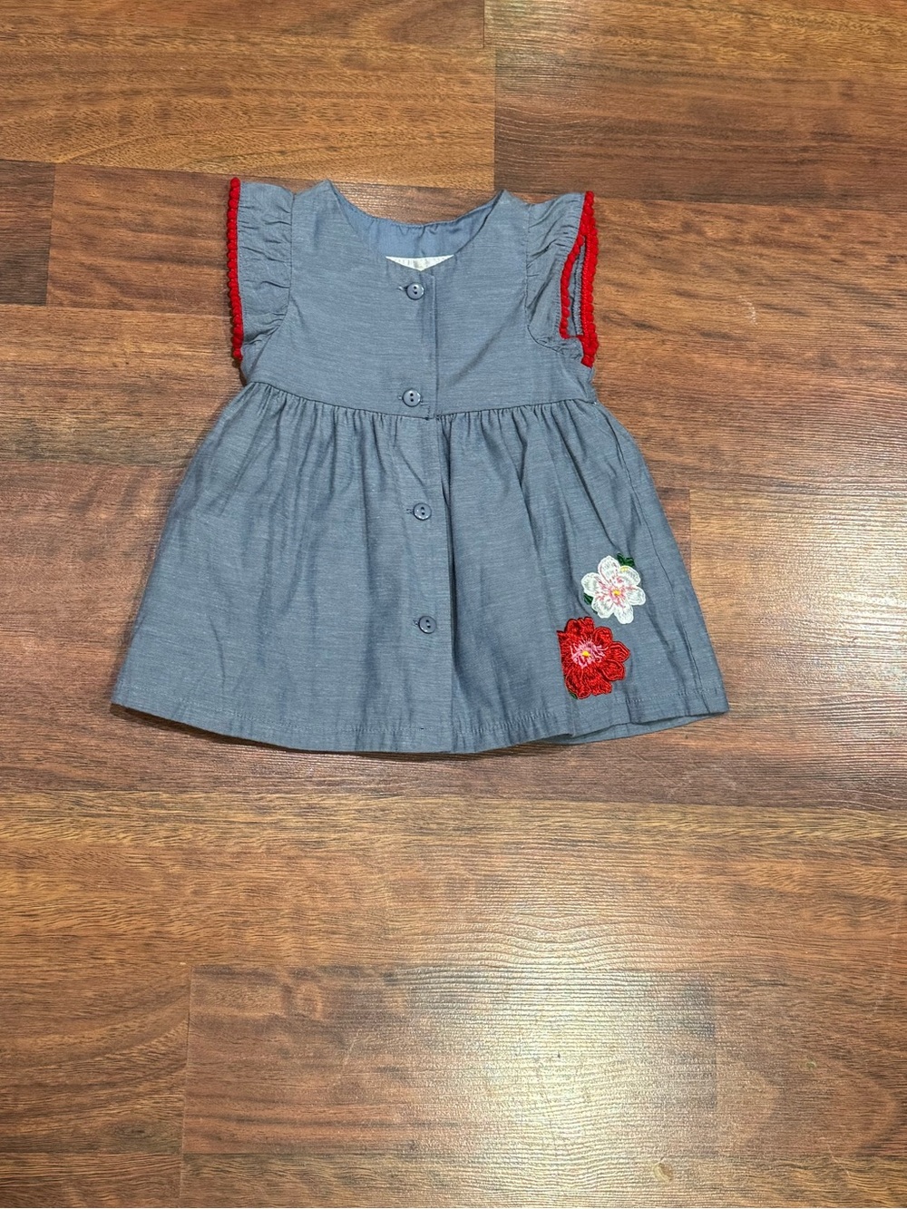 Rare Editions - Jean Colored Dress with Red Trim and Floral Appliques